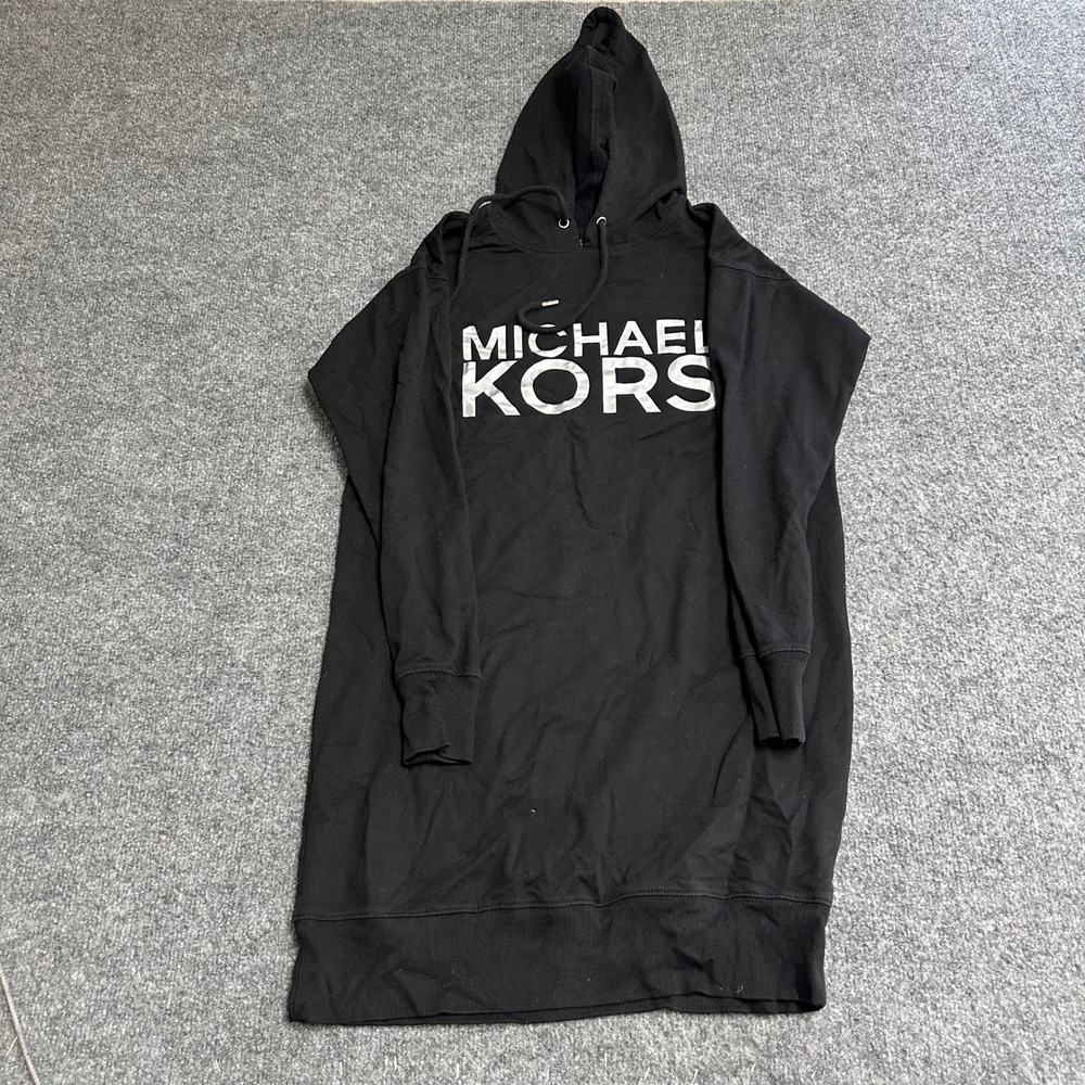 Michael Kors Hoodie Dress Womens Size XS Black Logo Graphic Long Sleeve Casual